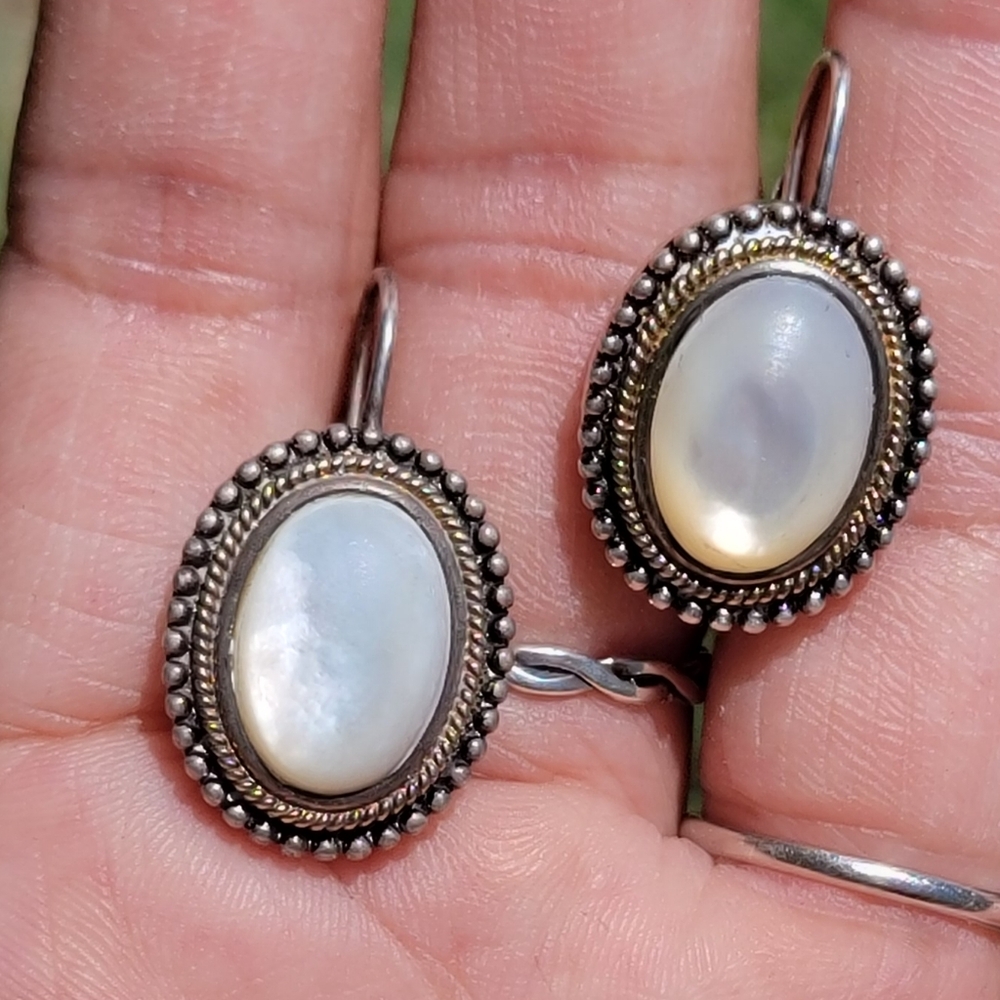 Vintage 925 sterling silver gold designer GV mother of pearl leverback earrings
